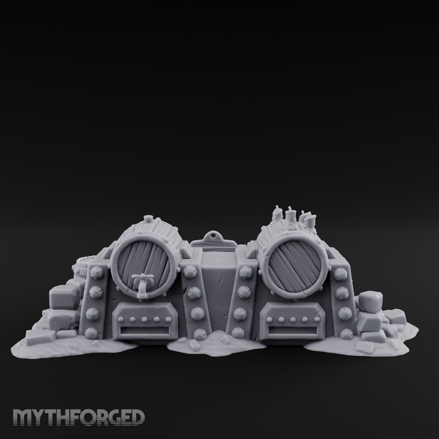 Bolt-Studded Debris-Flanked Grog Barrels Miniature for Dungeons and Dragons, Pathfinder or other TTRPGs