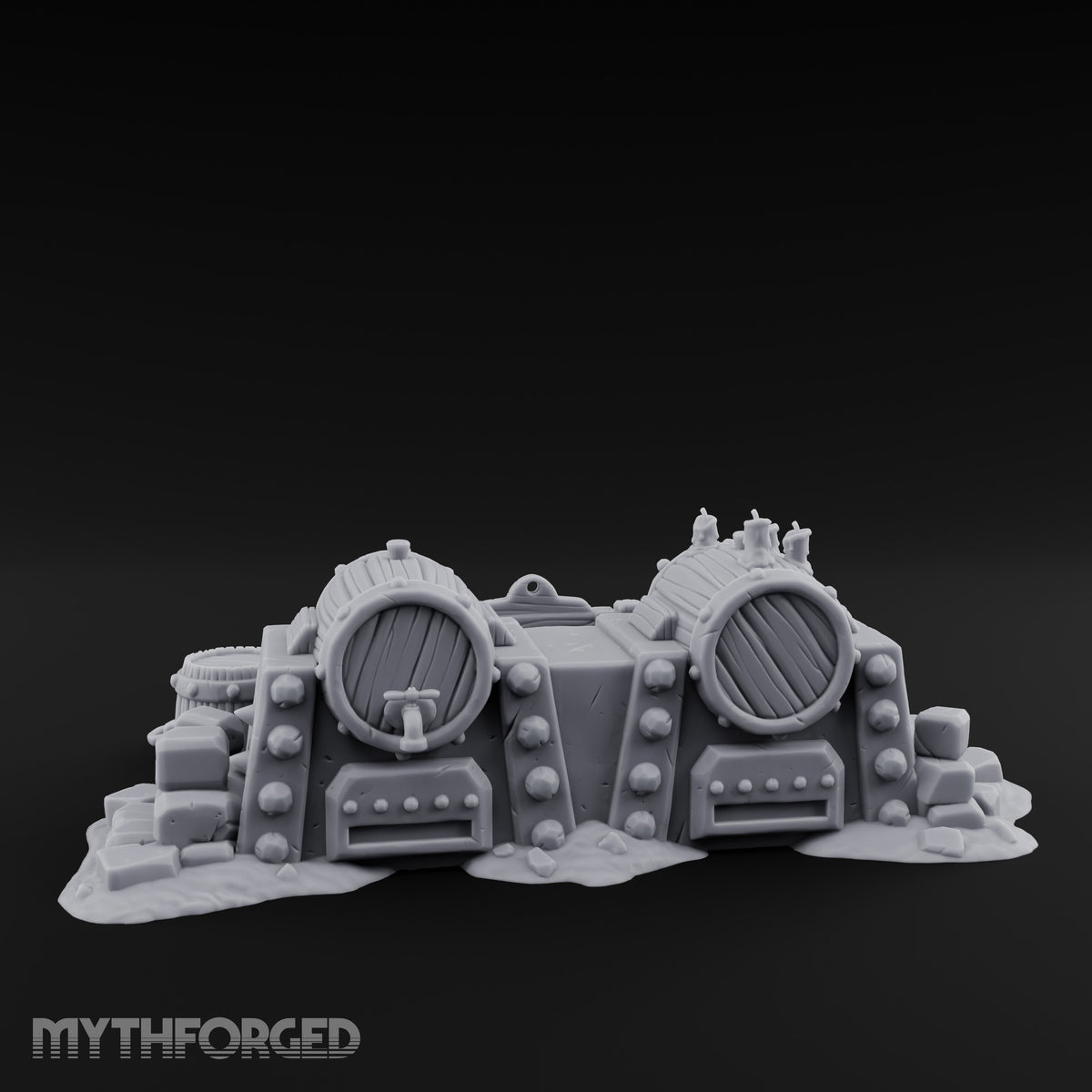 Bolt-Studded Debris-Flanked Grog Barrels Miniature for Dungeons and Dragons, Pathfinder or other TTRPGs