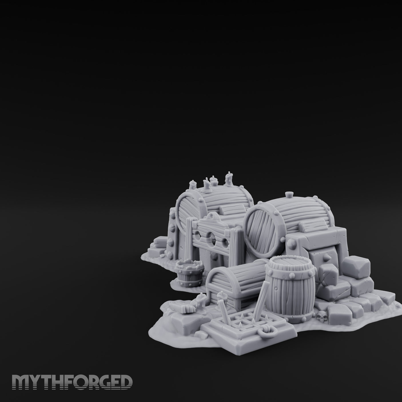 Bolt-Studded Debris-Flanked Grog Barrels Miniature for Dungeons and Dragons, Pathfinder or other TTRPGs