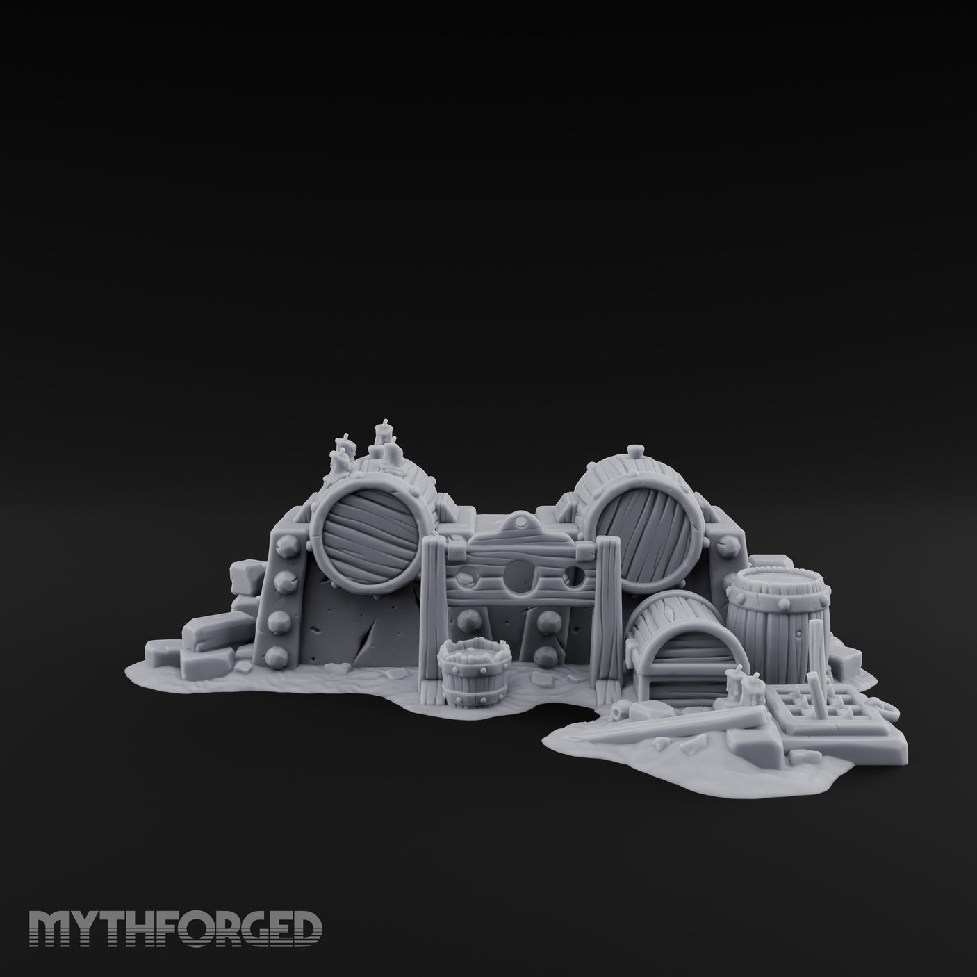 Bolt-Studded Debris-Flanked Grog Barrels Miniature for Dungeons and Dragons, Pathfinder or other TTRPGs
