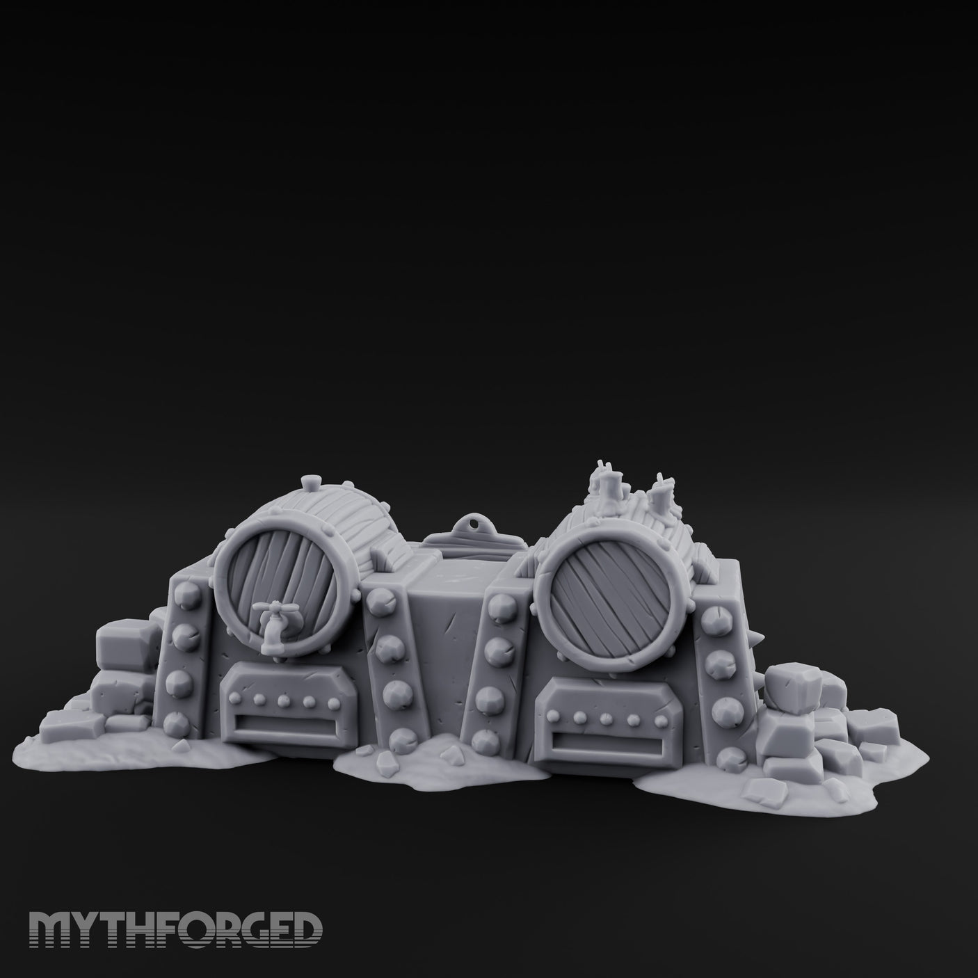 Bolt-Studded Debris-Flanked Grog Barrels Miniature for Dungeons and Dragons, Pathfinder or other TTRPGs