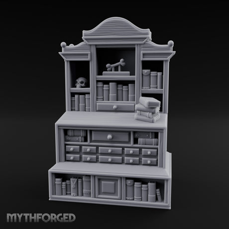 Bone-Displayed Drawer-Banked Scholar's Grand Cabinet Bookcase Miniature for Dungeons and Dragons, Pathfinder or other TTRPGs