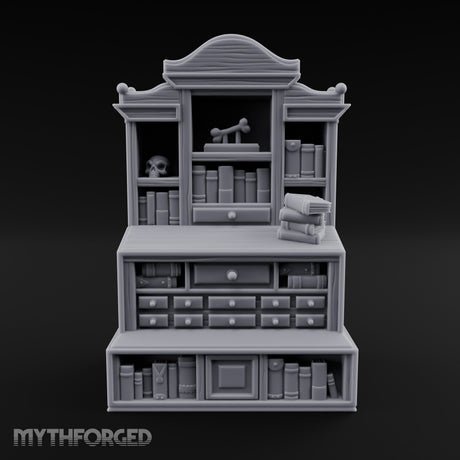 Bone-Displayed Drawer-Banked Scholar's Grand Cabinet Bookcase Miniature for Dungeons and Dragons, Pathfinder or other TTRPGs