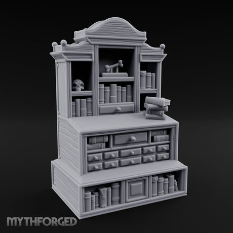 Bone-Displayed Drawer-Banked Scholar's Grand Cabinet Bookcase Miniature for Dungeons and Dragons, Pathfinder or other TTRPGs