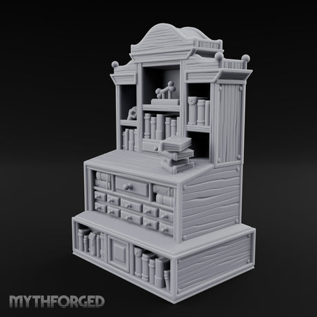 Bone-Displayed Drawer-Banked Scholar's Grand Cabinet Bookcase Miniature for Dungeons and Dragons, Pathfinder or other TTRPGs