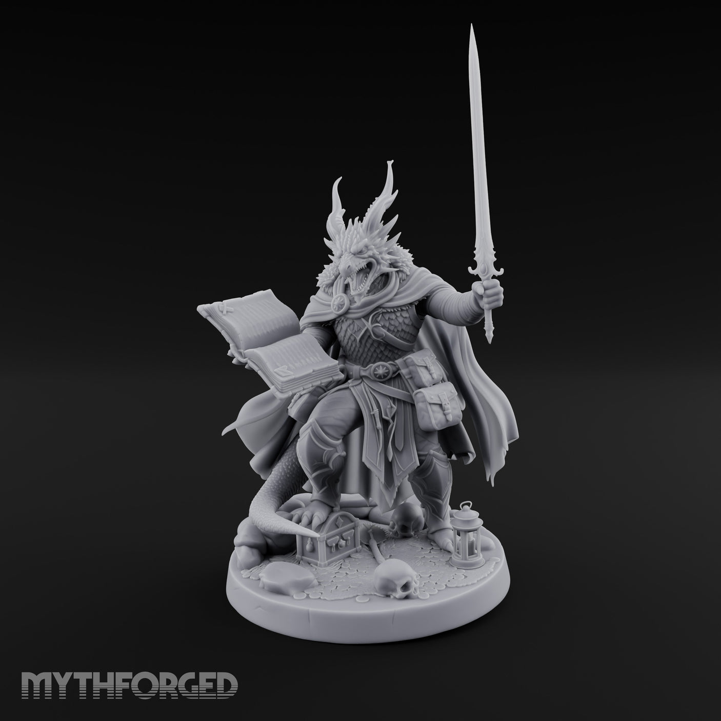 Book And Sword Raised Dragonborn Spellblade Miniature for Dungeons and Dragons, Pathfinder or other TTRPGs