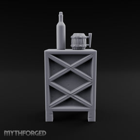 Bottle-Topped Barrel-Mugged Tavern Side Cabinet Miniature for Dungeons and Dragons, Pathfinder or other TTRPGs