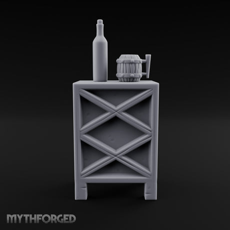 Bottle-Topped Barrel-Mugged Tavern Side Cabinet Miniature for Dungeons and Dragons, Pathfinder or other TTRPGs