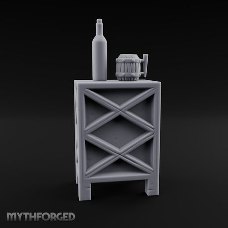Bottle-Topped Barrel-Mugged Tavern Side Cabinet Miniature for Dungeons and Dragons, Pathfinder or other TTRPGs