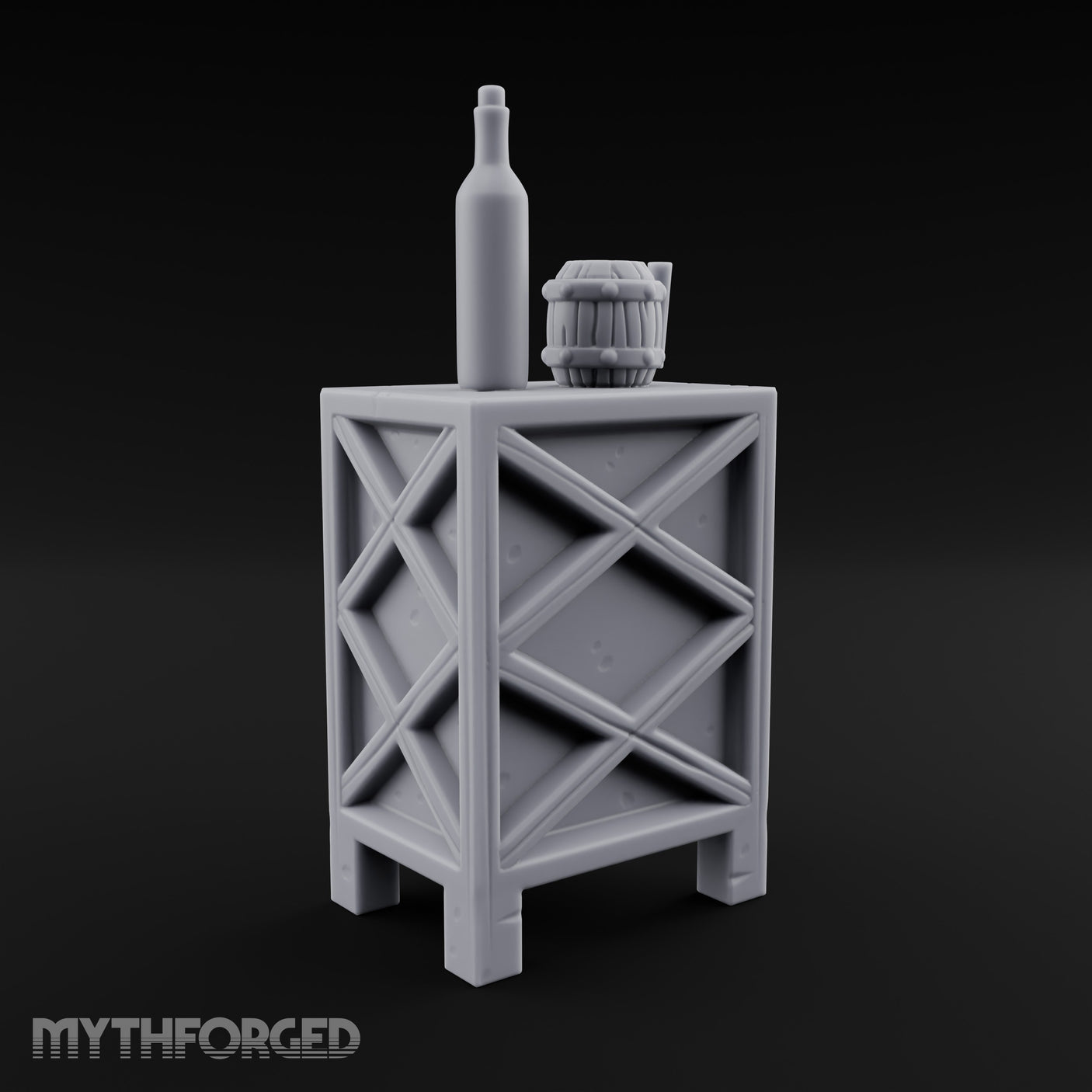 Bottle-Topped Barrel-Mugged Tavern Side Cabinet Miniature for Dungeons and Dragons, Pathfinder or other TTRPGs