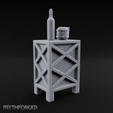 Bottle-Topped Barrel-Mugged Tavern Side Cabinet Miniature for Dungeons and Dragons, Pathfinder or other TTRPGs