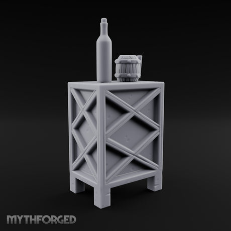 Bottle-Topped Barrel-Mugged Tavern Side Cabinet Miniature for Dungeons and Dragons, Pathfinder or other TTRPGs