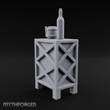 Bottle-Topped Barrel-Mugged Tavern Side Cabinet Miniature for Dungeons and Dragons, Pathfinder or other TTRPGs