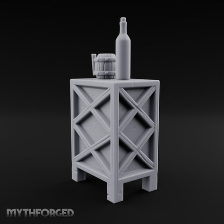 Bottle-Topped Barrel-Mugged Tavern Side Cabinet Miniature for Dungeons and Dragons, Pathfinder or other TTRPGs