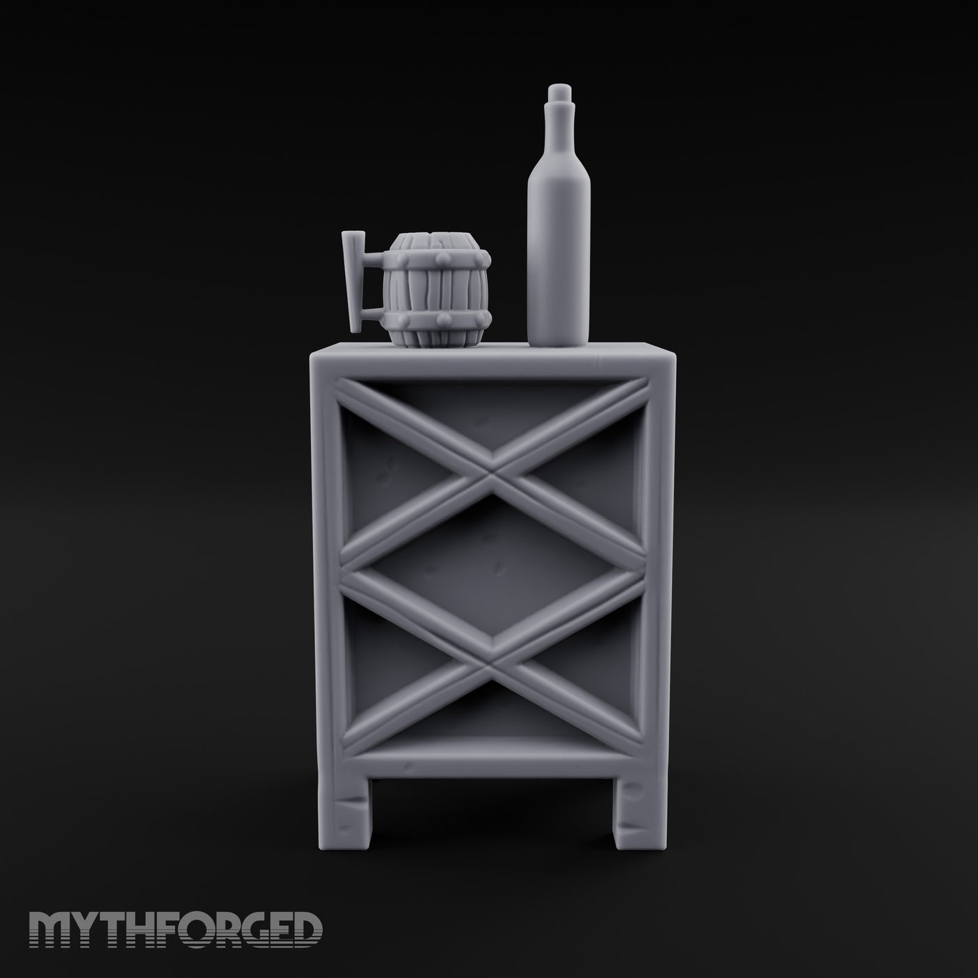 Bottle-Topped Barrel-Mugged Tavern Side Cabinet Miniature for Dungeons and Dragons, Pathfinder or other TTRPGs