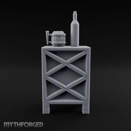 Bottle-Topped Barrel-Mugged Tavern Side Cabinet Miniature for Dungeons and Dragons, Pathfinder or other TTRPGs