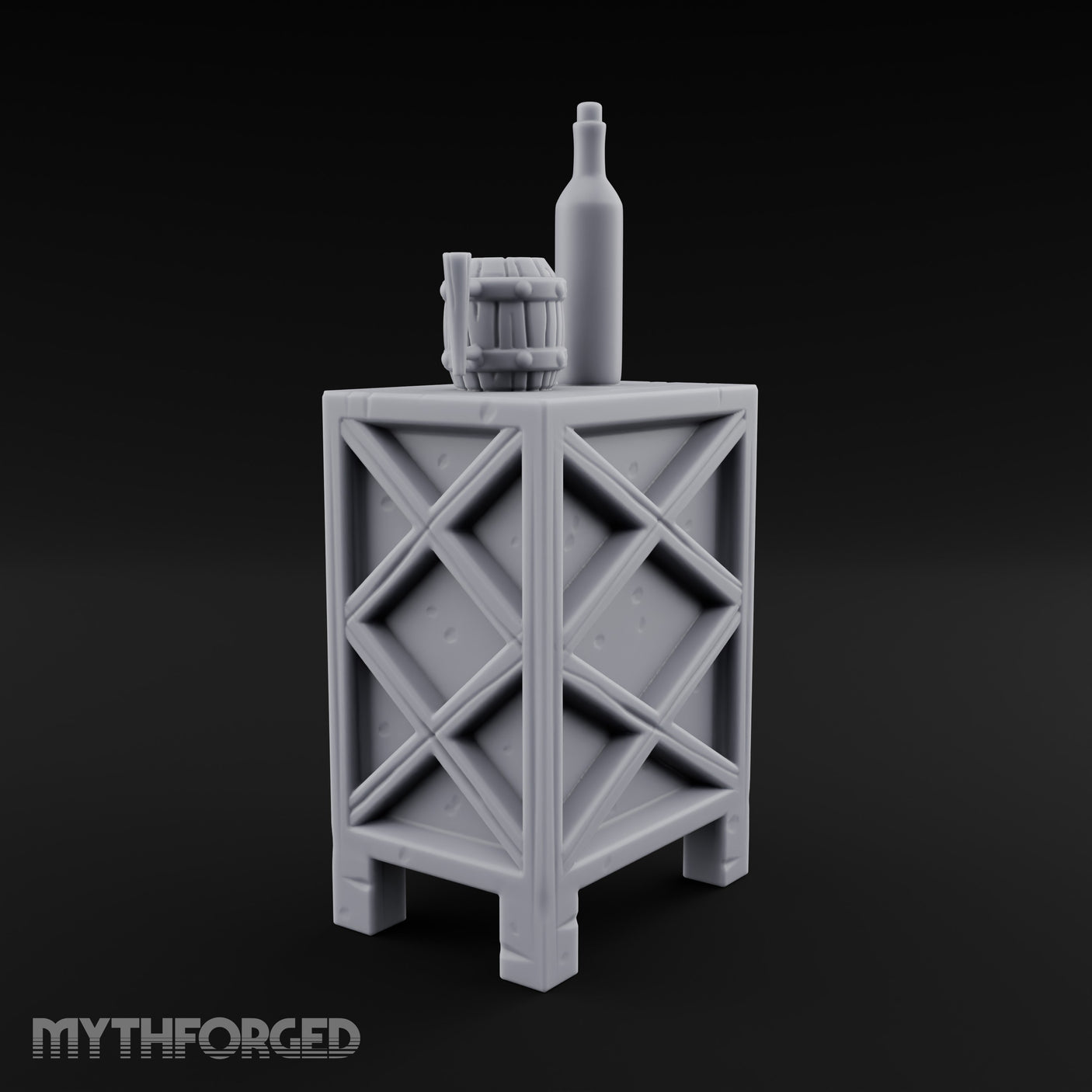 Bottle-Topped Barrel-Mugged Tavern Side Cabinet Miniature for Dungeons and Dragons, Pathfinder or other TTRPGs