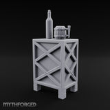 Bottle-Topped Barrel-Mugged Tavern Side Cabinet Miniature for Dungeons and Dragons, Pathfinder or other TTRPGs