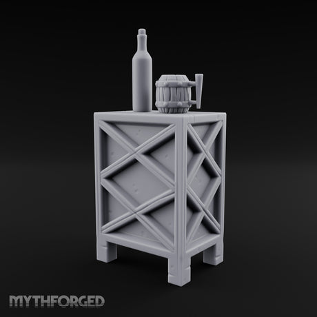 Bottle-Topped Barrel-Mugged Tavern Side Cabinet Miniature for Dungeons and Dragons, Pathfinder or other TTRPGs