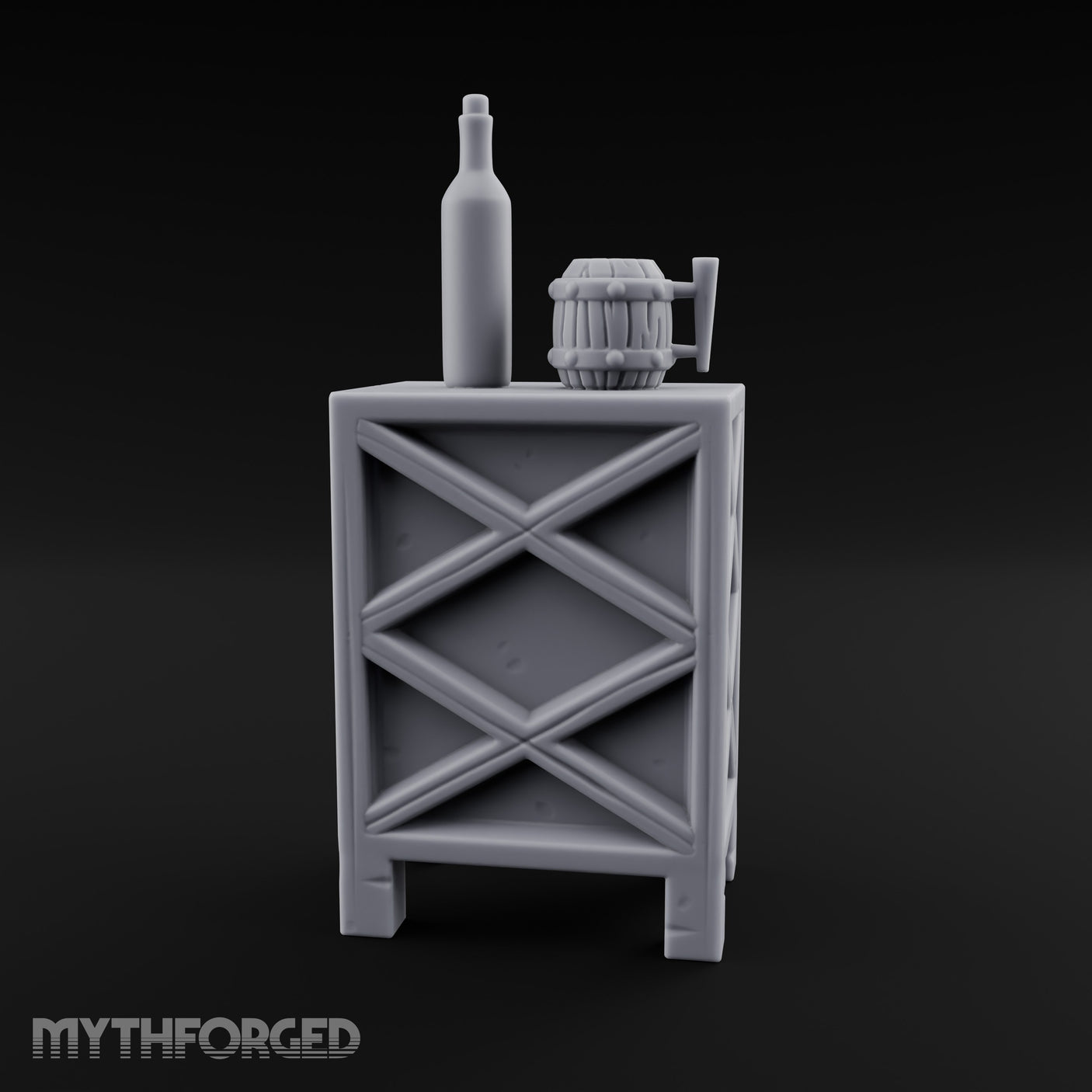 Bottle-Topped Barrel-Mugged Tavern Side Cabinet Miniature for Dungeons and Dragons, Pathfinder or other TTRPGs