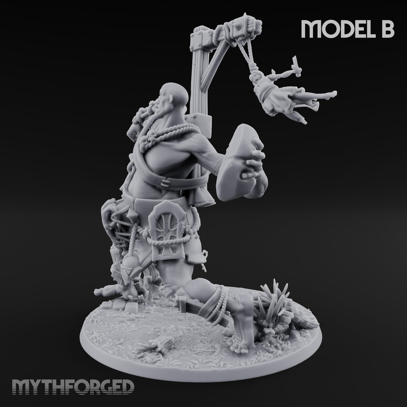 Boulder Launching Hill Giant Hunters B Miniature for Dungeons and Dragons, Pathfinder or other TTRPGs