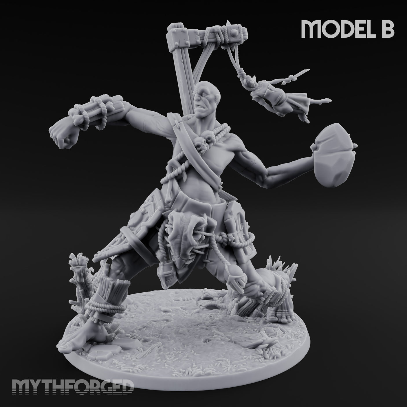 Boulder Launching Hill Giant Hunters B Miniature for Dungeons and Dragons, Pathfinder or other TTRPGs