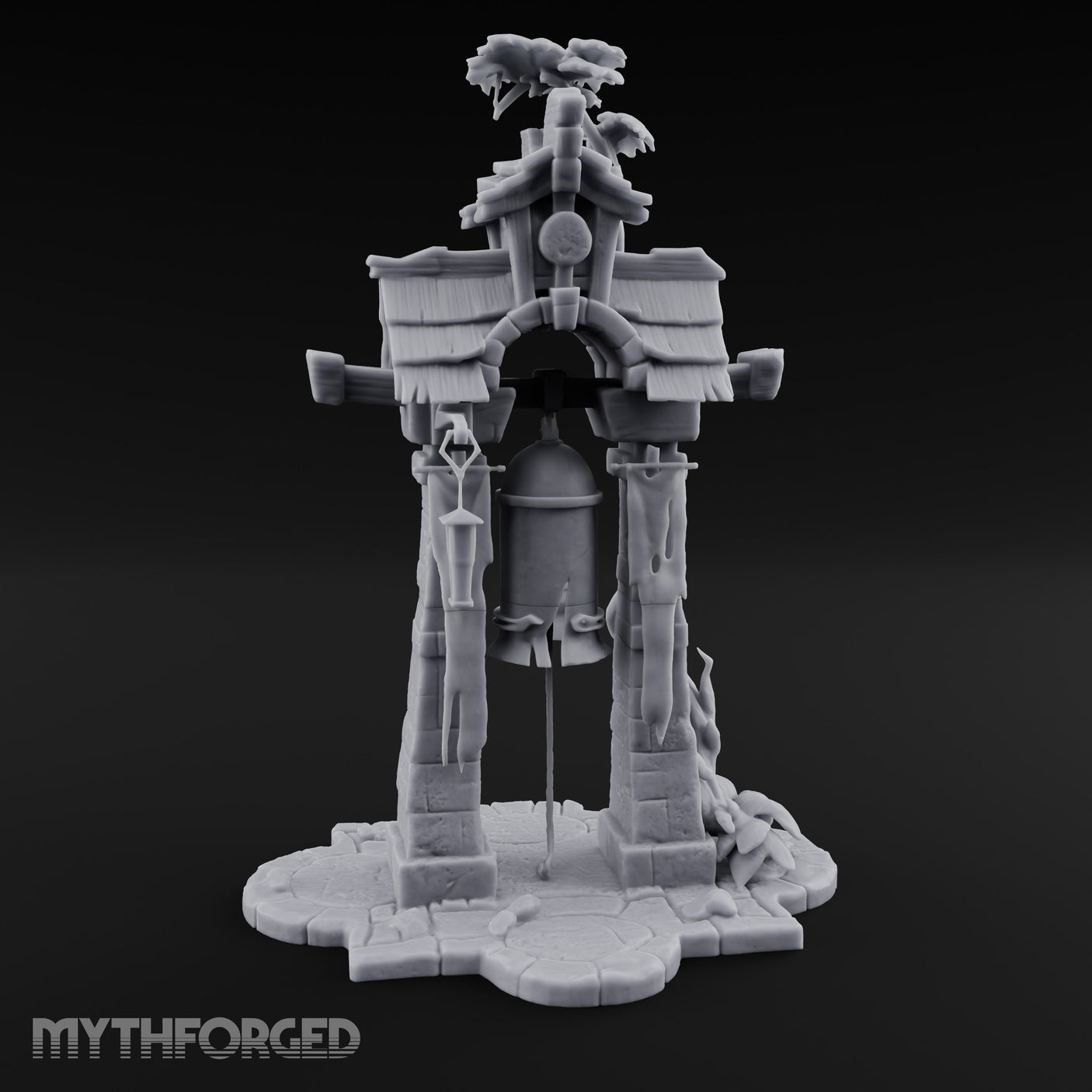 Branch-Crowned Rope-Hung Village Bell Tower Shrine Miniature for Dungeons and Dragons, Pathfinder or other TTRPGs