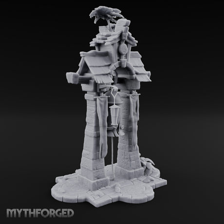 Branch-Crowned Rope-Hung Village Bell Tower Shrine Miniature for Dungeons and Dragons, Pathfinder or other TTRPGs