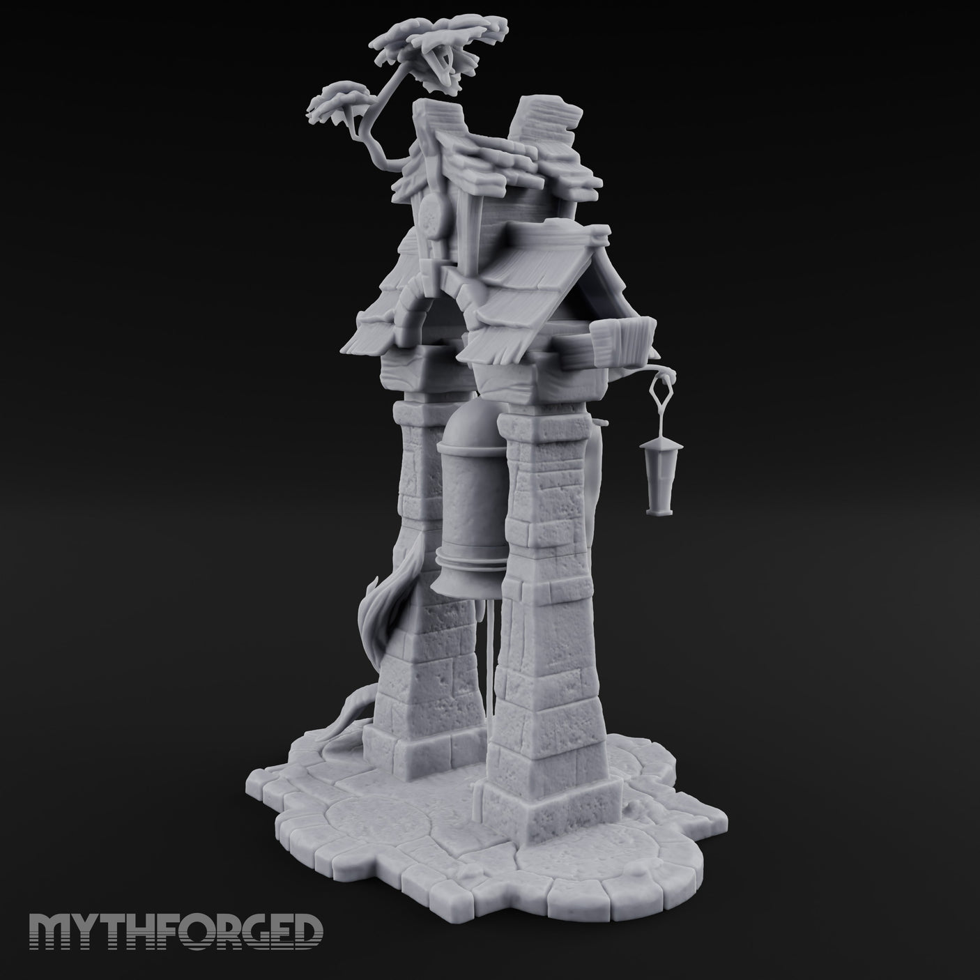 Branch-Crowned Rope-Hung Village Bell Tower Shrine Miniature for Dungeons and Dragons, Pathfinder or other TTRPGs