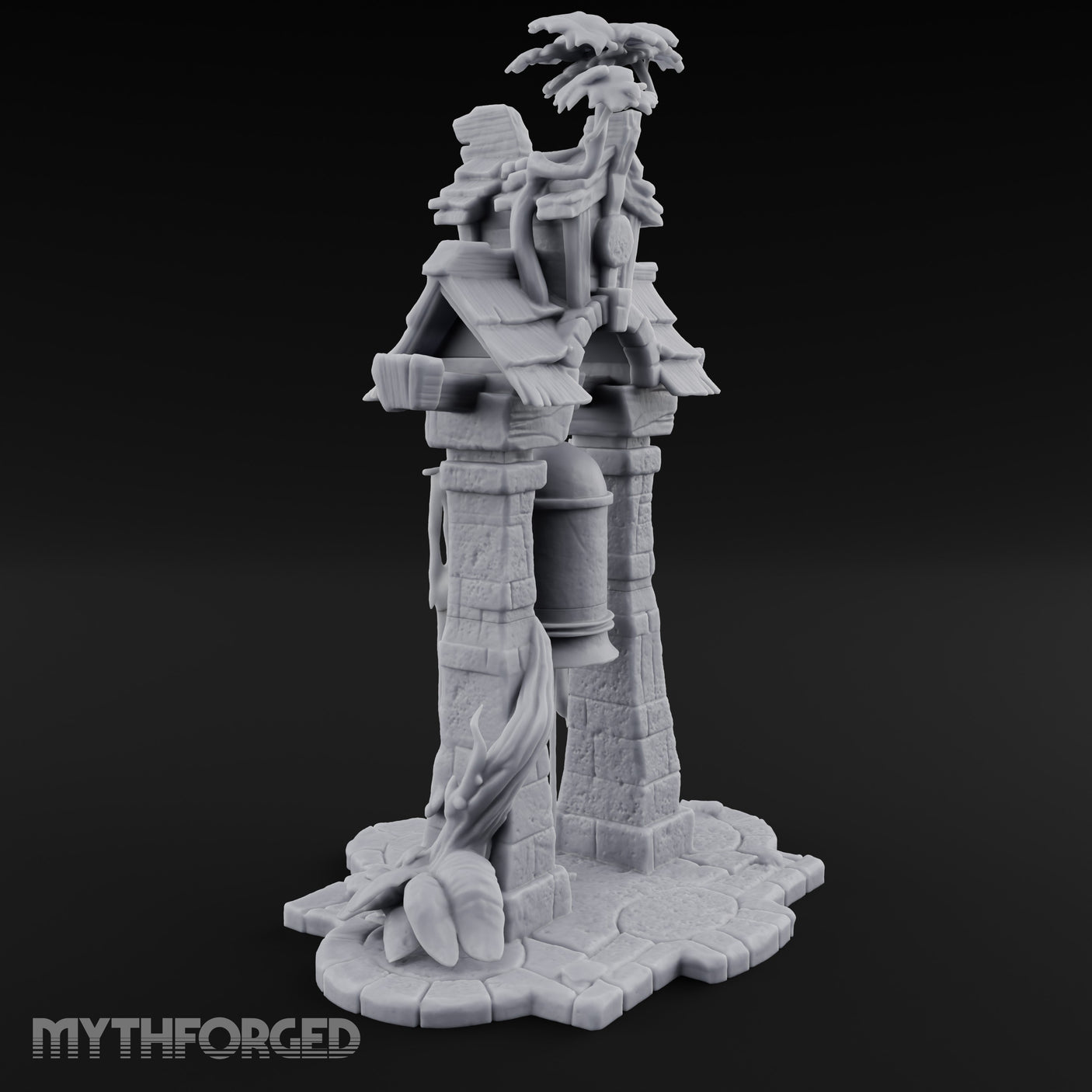 Branch-Crowned Rope-Hung Village Bell Tower Shrine Miniature for Dungeons and Dragons, Pathfinder or other TTRPGs
