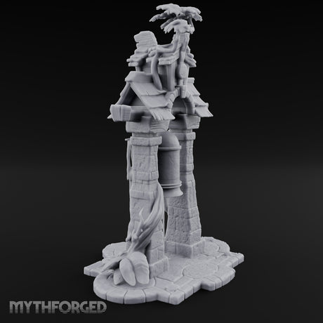 Branch-Crowned Rope-Hung Village Bell Tower Shrine Miniature for Dungeons and Dragons, Pathfinder or other TTRPGs
