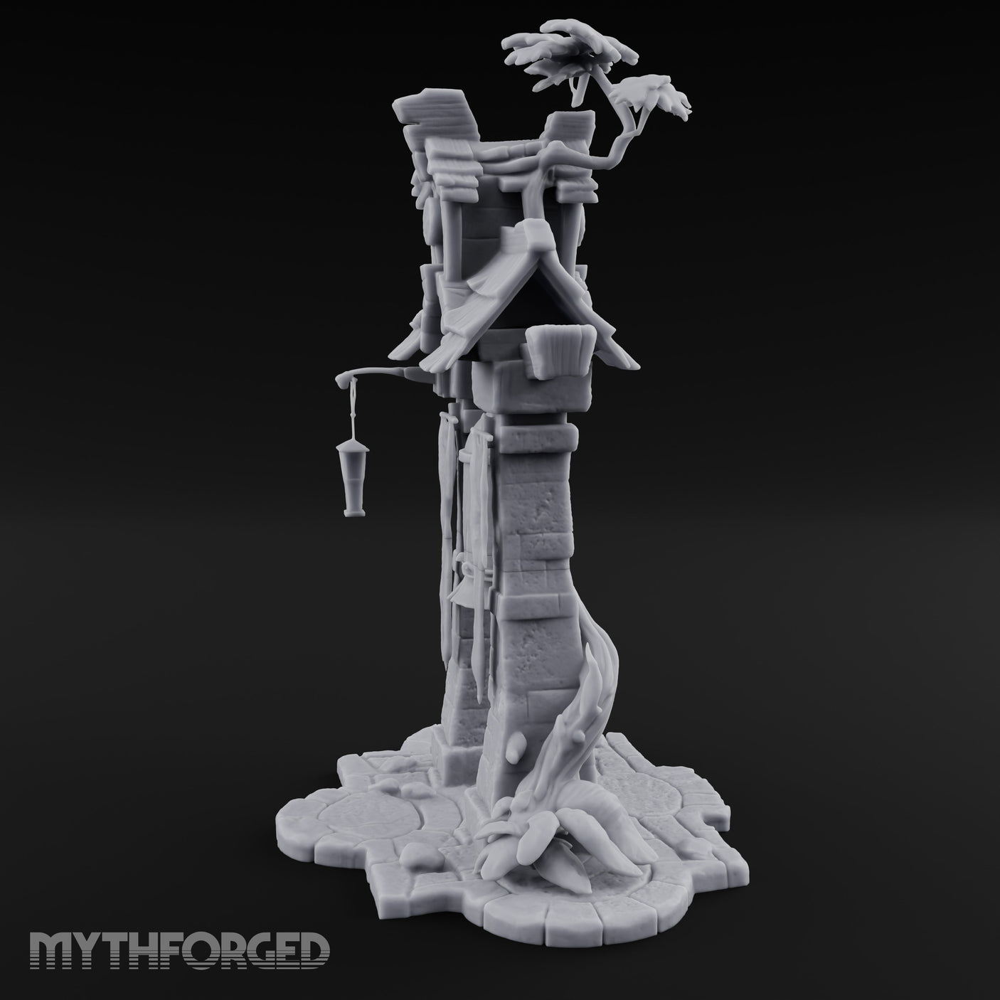 Branch-Crowned Rope-Hung Village Bell Tower Shrine Miniature for Dungeons and Dragons, Pathfinder or other TTRPGs