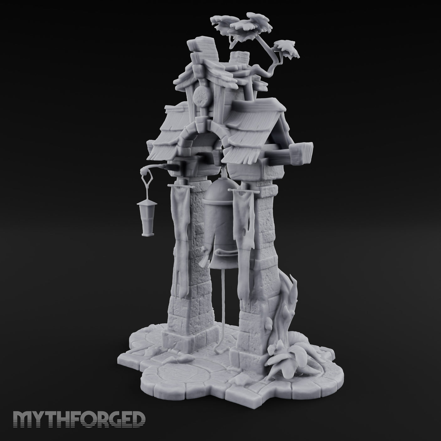 Branch-Crowned Rope-Hung Village Bell Tower Shrine Miniature for Dungeons and Dragons, Pathfinder or other TTRPGs