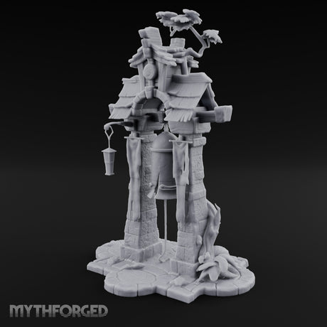 Branch-Crowned Rope-Hung Village Bell Tower Shrine Miniature for Dungeons and Dragons, Pathfinder or other TTRPGs