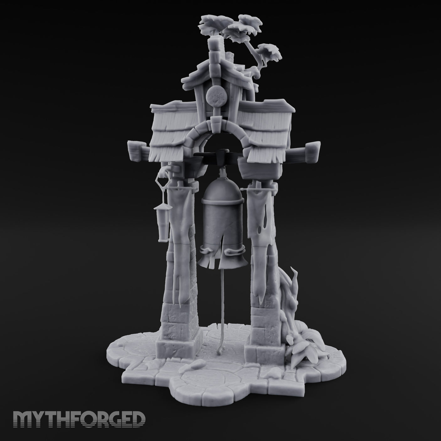 Branch-Crowned Rope-Hung Village Bell Tower Shrine Miniature for Dungeons and Dragons, Pathfinder or other TTRPGs