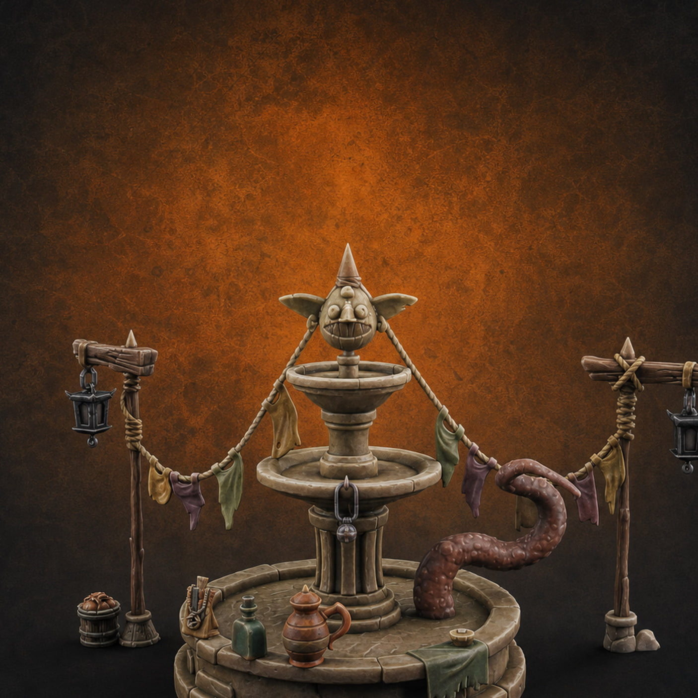Bunting-Strung Lantern-Flanked Goblin Market Fountain Set — painted concept preview (miniature supplied unpainted)