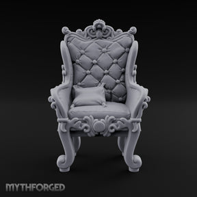 Button-Tufted Scroll-Carved Noble Armchair Miniature for Dungeons and Dragons, Pathfinder or other TTRPGs