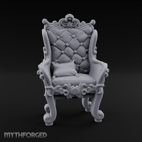 Button-Tufted Scroll-Carved Noble Armchair Miniature for Dungeons and Dragons, Pathfinder or other TTRPGs