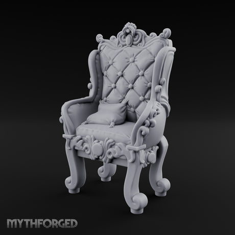 Button-Tufted Scroll-Carved Noble Armchair Miniature for Dungeons and Dragons, Pathfinder or other TTRPGs