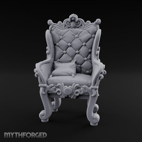 Button-Tufted Scroll-Carved Noble Armchair Miniature for Dungeons and Dragons, Pathfinder or other TTRPGs