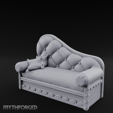 Button-Tufted Wave-Scrolled Pirate Captain's Chaise Lounge Miniature for Dungeons and Dragons, Pathfinder or other TTRPGs