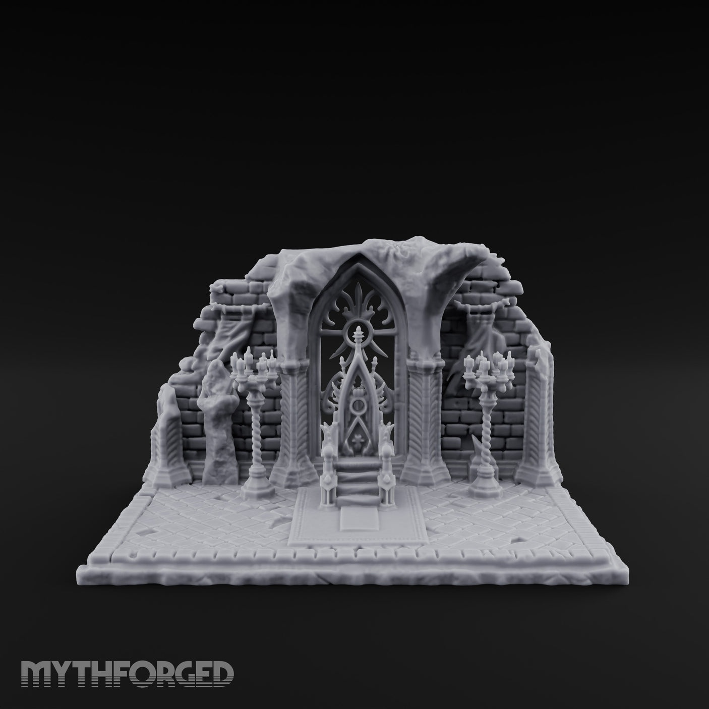 Candelabra-Flanked Filigree-Gated Gothic Cathedral Doorway Ruins Miniature for Dungeons and Dragons, Pathfinder or other TTRPGs