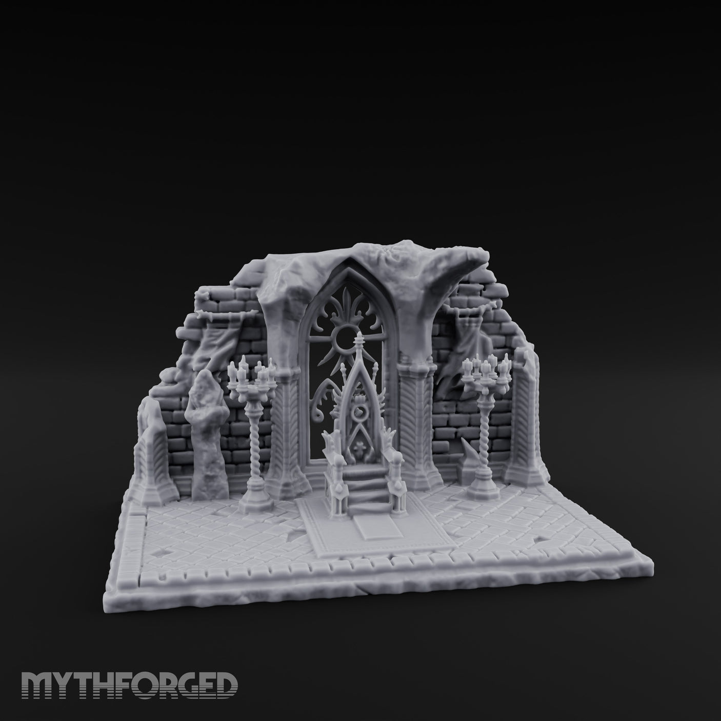 Candelabra-Flanked Filigree-Gated Gothic Cathedral Doorway Ruins Miniature for Dungeons and Dragons, Pathfinder or other TTRPGs
