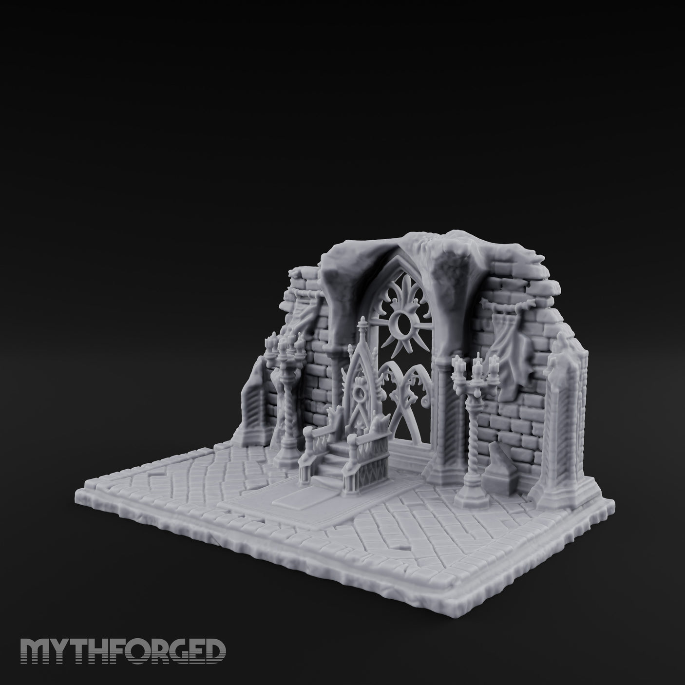 Candelabra-Flanked Filigree-Gated Gothic Cathedral Doorway Ruins Miniature for Dungeons and Dragons, Pathfinder or other TTRPGs