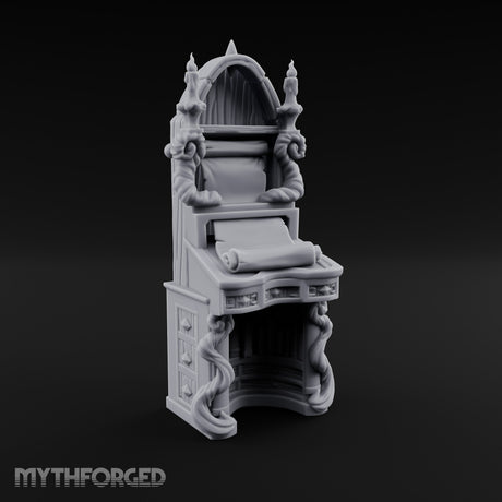 Candle-Flanked Scroll-Rested Gothic Scribe Desk Miniature for Dungeons and Dragons, Pathfinder or other TTRPGs