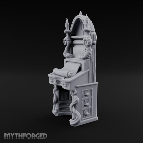 Candle-Flanked Scroll-Rested Gothic Scribe Desk Miniature for Dungeons and Dragons, Pathfinder or other TTRPGs