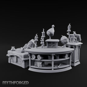 Candle-Lit Curiosity-Packed Climbing Gear Shop Counter Miniature for Dungeons and Dragons, Pathfinder or other TTRPGs