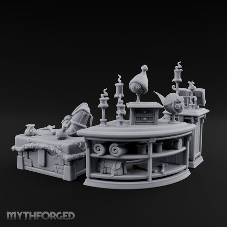 Candle-Lit Curiosity-Packed Climbing Gear Shop Counter Miniature for Dungeons and Dragons, Pathfinder or other TTRPGs