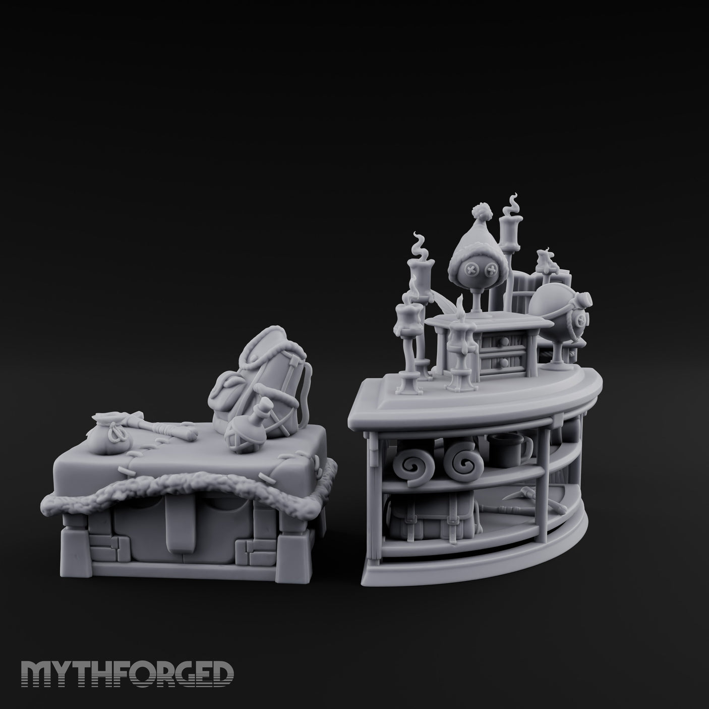 Candle-Lit Curiosity-Packed Climbing Gear Shop Counter Miniature for Dungeons and Dragons, Pathfinder or other TTRPGs