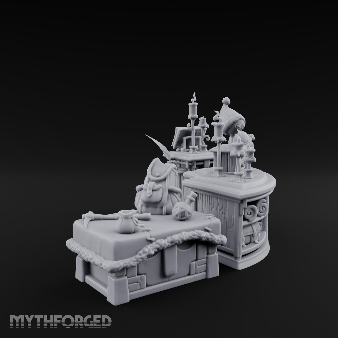 Candle-Lit Curiosity-Packed Climbing Gear Shop Counter Miniature for Dungeons and Dragons, Pathfinder or other TTRPGs